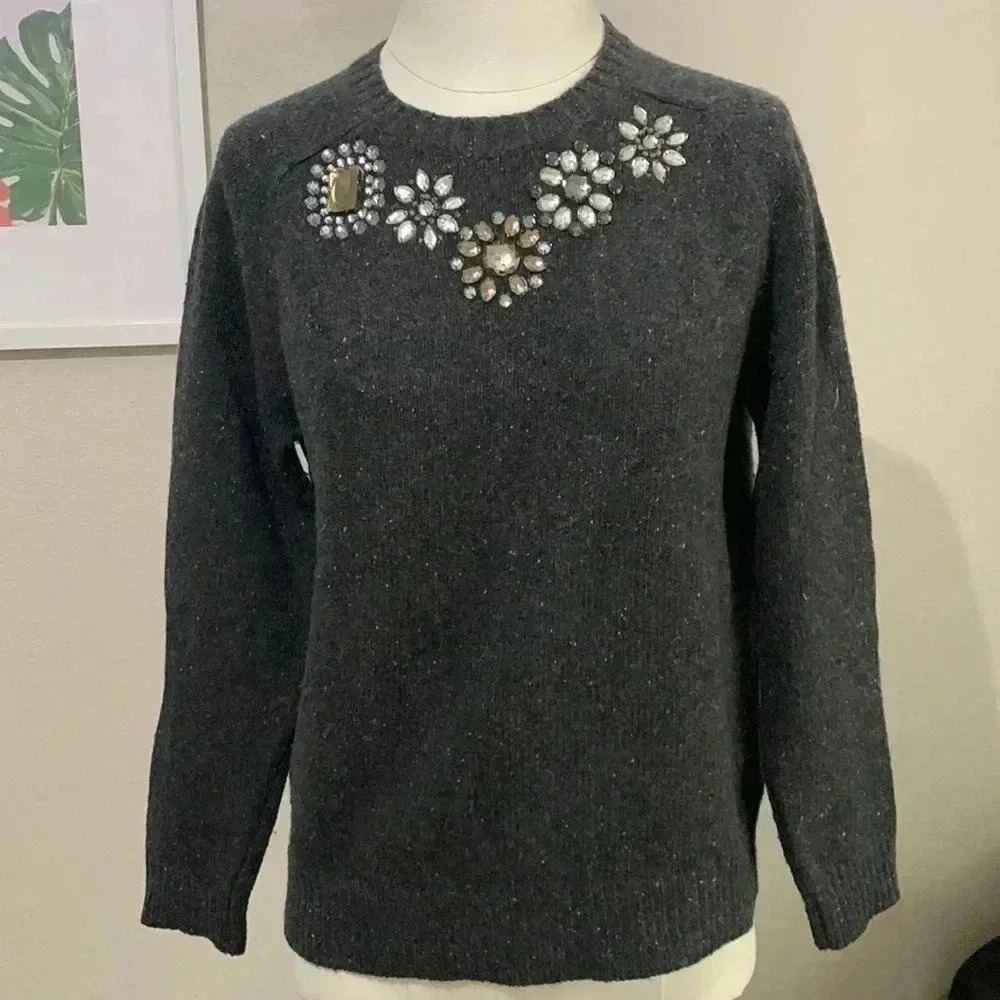 J Crew Embellished Crewneck Sweater Wool Cozy Holidays